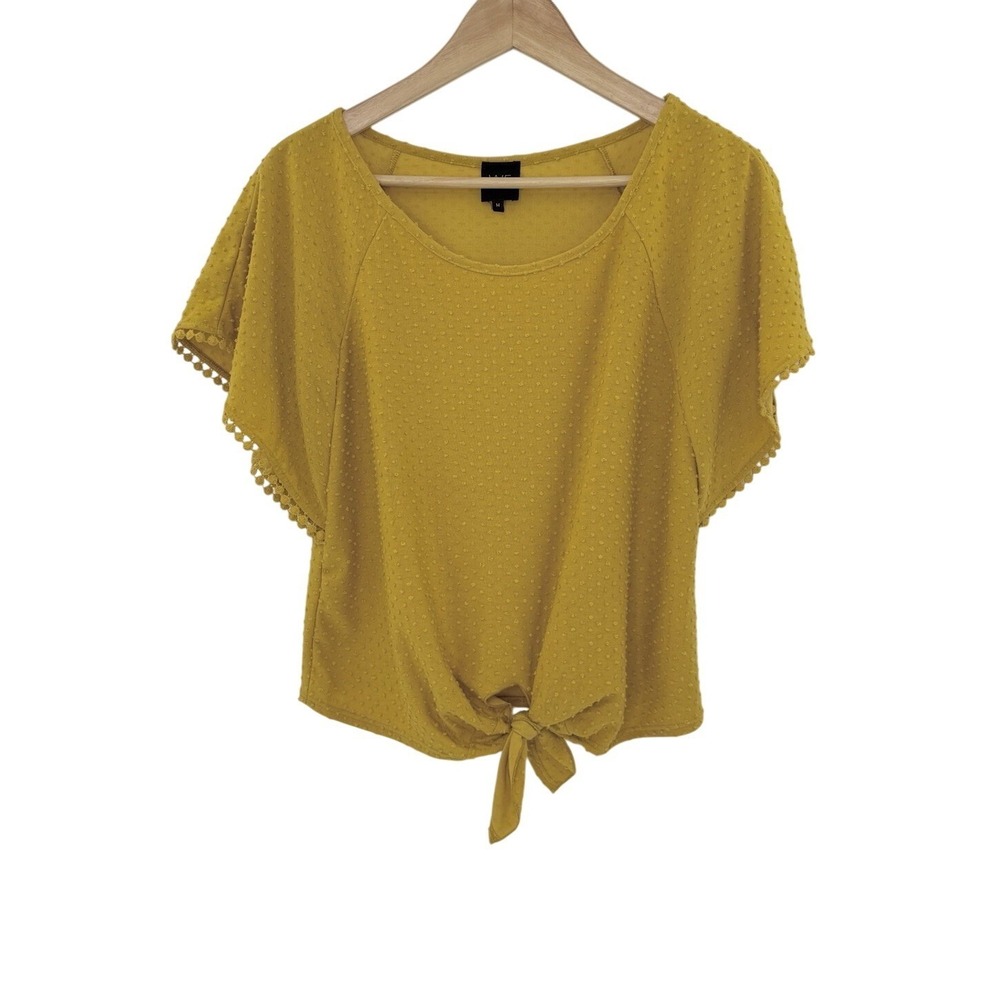Anthropologie W5 Mustard Yellow‎ Swiss Dot Tie Front Blouse Sz M Boho Fallcore